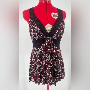 2FOR$30 Y2K XOXO Red Black & White Polkadot Tank Top With Lace Panels & Bow